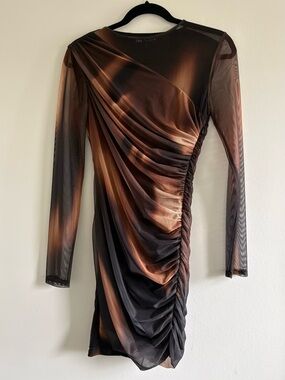 ZARA Ruched Long-Sleeve Illusion Mesh Mini Dress in Brown Gradient Sz M